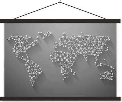 Produktbild von MuchoWow® Textilposter Weiße Weltkarte mit Punkten und Linien - schwarz und weiß 150x100 cm mit schwarzem Rahmen - Schlafzimmer