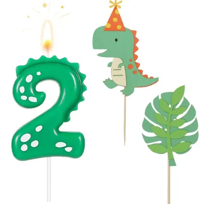 Dinosaurier-Geburtstagskerze Ziffer 2 mit 2 Tortentopper, grün