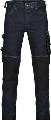 A pair of dark blue work jeans with black reinforced knee panels and cargo pockets, presented front-on against a white background.