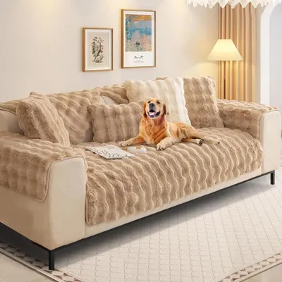 Produktbild von Kaninchen Plüsch Sofabezug ,L Form 2 Sitzer Sofa Überwurf Ecksofa U Form,Universelle rutschfeste Sofaschoner,für Wohnzimmer/Büro,Kaki Farbe,90*160 cm