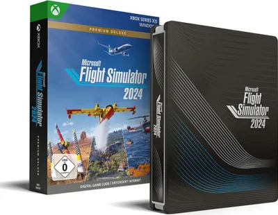 A product shot of Microsoft Flight Simulator 2024 Premium Deluxe SteelBook Edition for Xbox Series X/S.
