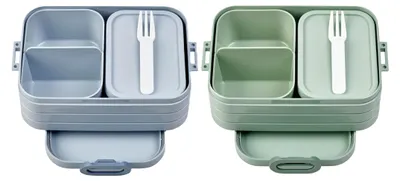 Produktbild von Bento Brotdose Midi Take A Break Mixed - mit Bento Box - Für 2 Sandwiches oder 4 Brotscheiben - Lunchbox für kleine Snacks und Reste - Erwachsene Essenbox mit Fächern - Nordic Sage und Nordic Blue