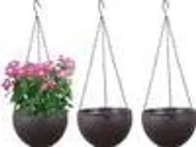 Produktbild von Blumentopf, Dunkelbraun, 3er Set, hängend, mit Selbstbewässerung und Wasserspeicher, Maße: Durchmesser oben 16,5 cm, Durchmesser unten 7,8 cm, Tiefe 11 cm, Kettenlänge 46 cm, mit Ablaufloch,