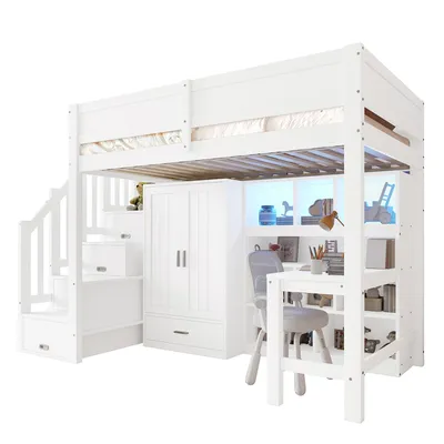 Produktbild von Merax Etagenbett Hochbett 90x200 cm, Kinderbett mit Schreibtisch, Regal, Kleiderschrank, Stauraumtreppe und LED, Stockbett, Jugendbett, Kiefer, Weiß