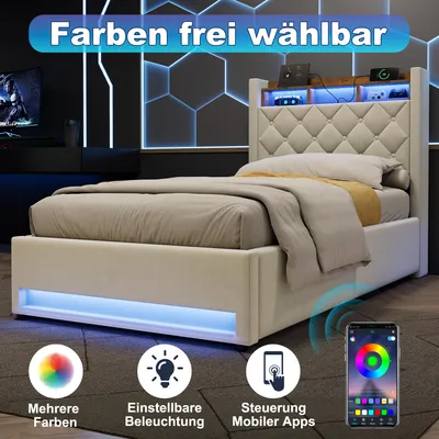 Produktbild von okwish 90×200 Jugendbett mit LED-Beleuchtung und USB, Polsterbett mit Stauraum-Kopfteil und Bettkasten, Beige,ohne Matratze