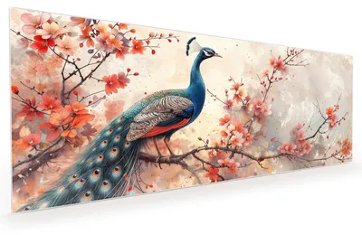 Produktbild von Küchenrückwand Spritzschutz Glas mit Motiv Pfau und Blüten 40 x 40 cm