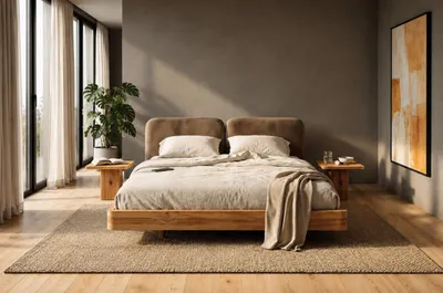 Produktbild von Schwebebett Eyko MAUI aus massivem Wildeichenholz / 200 × 200 cm / Natur, braunes Kopfteil