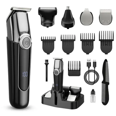 Produktbild von Haarschneider für Männer, 5-in-1 Profi Barttrimmer Set, Wasserdichter Elektrorasierer mit LED-Display, Bartschneider & Nasenhaartrimmer, Schwarz