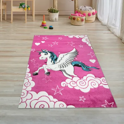 Produktbild von Kinderteppich Spielteppich Kinderzimmer Teppich Einhorn Design mit Konturenschnitt Pink Creme Türkis Größe - 80 x 150 cm
