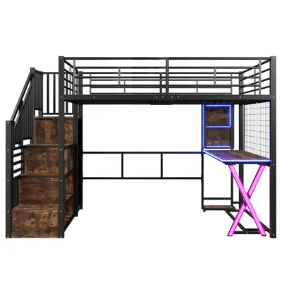 Produktbild von Merax Etagenbett Hochbett 140x200 cm, mit LED, Schreibtisch, Kleiderschrank, Ablageleiter, Regale, Metall Stockbett, Kinderbett, Schwarz