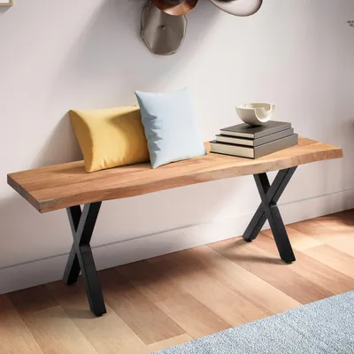 Image de Banc FineBuy 120 cm en bois massif sans dossier, bordure en acacia - Banc pour vestiaire - Banc de vestiaire - Banc d'entrée Banc en bois Structure en X Noir