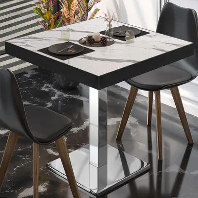Produktbild von BM | Bistrotisch | B:T:H 60 x 60 x 77 cm | Weiß Marmor / Edelstahl | Quadratisch | Schwarzer Rand | Bistro Tisch Esstisch