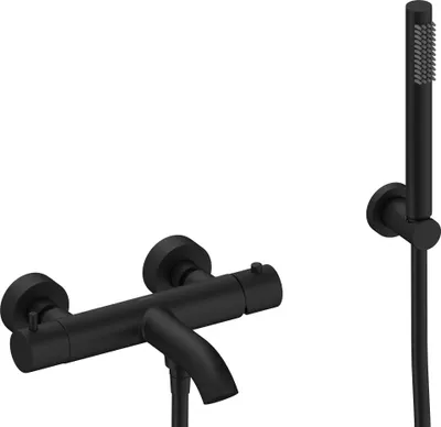 Produktbild von SANYCCES LOOP K Wannen & Brausebatterie mit Thermostat, mit Brausehalter, Handbrause & Brauseschlauch, schwarz matt