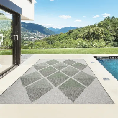 Produktbild von Outdoor Teppich I UV-Stabil Für Drinnen und Draußen I Terrasse Balkon Garten Wohnzimmer Badezimmer Küche Flur Läufer |  Rauten Grün