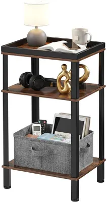 Produktbild von Unyqoos® Industrial Beistelltisch 3 Ebenen – rustikal-braune Holzplatten, schwarzes Metallgestell, 34 x 28 x 61 cm, Beistelltisch für Wohn- & Schlafzimmer