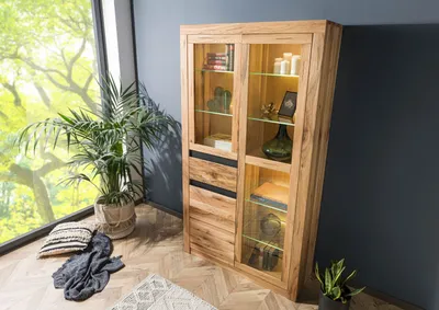 Produktbild von MASSIVMOEBEL24 Vitrine Wild-/ Zerreiche 110x42x200 Eiche natur geölt MONTREUX #118