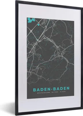 Produktbild von MuchoWow® Gerahmtes Poster Karte - Stadtplan - Baden Baden - Deutschland - Blau 40x60 cm - Poster mit Schwarzem Bilderrahmen Wandposter Rahmen Foto Bilder - Poster in Rahmen