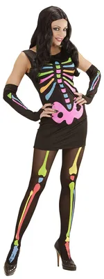 Produktbild von Widmann - Kostüm Neon Skeleton Girl, Kleid und Armstulpen, Skelett, Karneval, Halloween