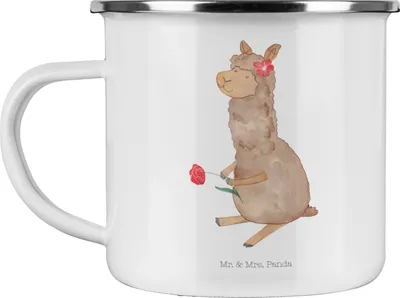 Produktbild von Mr. & Mrs. Panda Pott Alpaka Blume - Weiß - Geschenk, Emaille Tasse, becher, Spruch, Lamas, Lama, Haferl, Teetasse