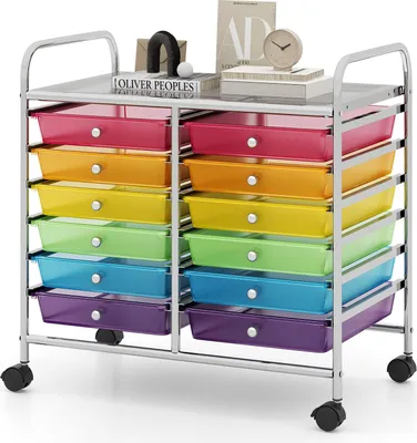 Produktbild von GOPLUS Rollwagen mit 12 Schubladen stapelbar, Rollcontainer mit Ablage & Metallgestell, Badregal, Schubladenwagen, Transparent-Bunt