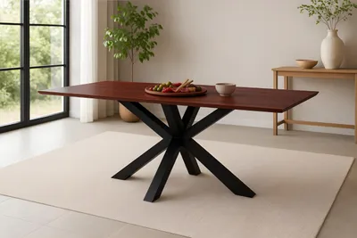 Produktbild von Esszimmertisch Rita | 180 x 90 cm | Akazienholz massiv | Kastanienfarbig | Schweizer Kante | Spider-Gestell Metall Schwarz | pflegeleichter Esstisch/Holztisch für Esszimmer & Küche