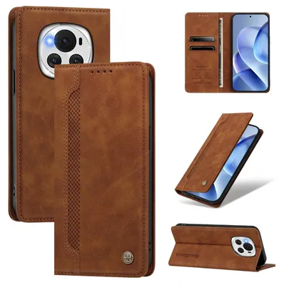 Image de Étui pour Honor Magic6, en cuir synthétique, type portefeuille rabattable, avec compartiments pour cartes et support intégré. Couleur : marron