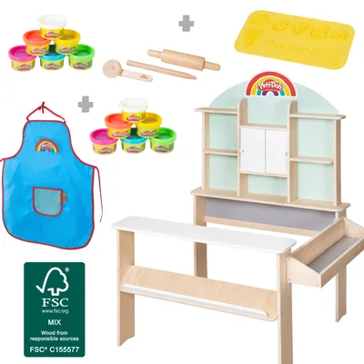Produktbild von roba x Play-Doh Kaufladen für Kinder - Spielset ausHolz mit 12 Knetdosen, 3 Holzwerkzeugen, Schürze & 3D-Kreativmatte - Pädagogisch wertvoll