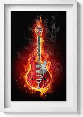 Produktbild von Brennende rote E-Gitarre– Wandbild mit Rahmen – Gerahmtes Bild  – Wanddekoration – 40x60 cm – Weiß