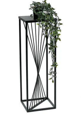 A black metal plant stand with a trailing green plant on top, set against a white background.