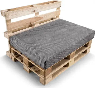 A sofa cushion set made from wooden pallets and a dark gray cushion.