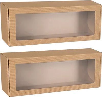 Two identical cardboard boxes with clear windows are stacked on a white background.
