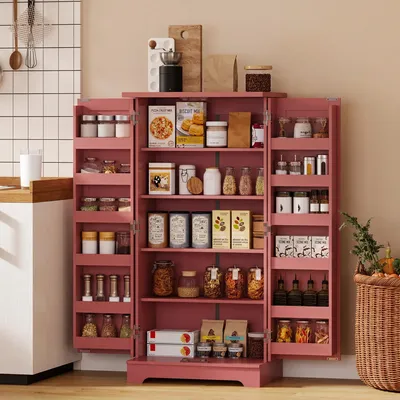 Produktbild von Küchenschrank Vorratsschrank 60x40x120 cm Küchenbuffet im Landhausstil aus Holzwerkstoff in roter Holzoptik, Anrichte mit 2 Türen und verstellbaren Ablagen