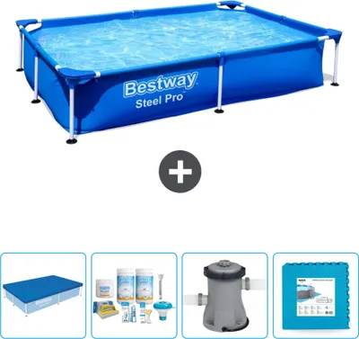 Immagine prodotto di Piscina Bestway Steel Pro rettangolare - 221 x 150 x 43 cm - blu - include copertura - pacchetto manutenzione - pompa - pavimento in piastrelle