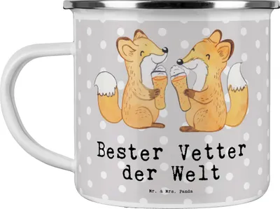 Produktbild von Mr. & Mrs. Panda Teetasse Fuchs Bester Vetter der Welt - Grau Pastell - Geschenk, Teebecher, Geschenkidee, Emaille Becher, Familie, Verwandtschaft, Kaffeepott, Cousine