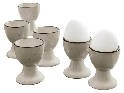 Produktbild von Eierbecher Set aus Steingut - 6 Stück mit Zierendem Farbrand - Handgetöpfert - Glänzende Oberfläche - 6,5 cm, grau