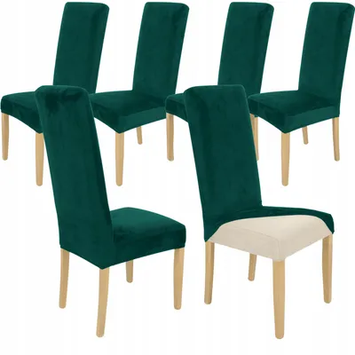 Produktbild von 6 Stück Stuhlhussen Hohe Lehne - Flaschengrün - Samt - Universal Stretch Bezug - Stuhlbezug