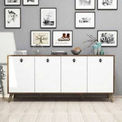 Produktbild von Skye Decor, Hochwertiger Konsolentisch, Walnuss und Weiß, 180 x 80 x 45 cm | 100% melaminbeschichtete Spanplatte, 18 mm dick | Mit zahlreichen Regalen, Wandmontage möglich, modernes Design.