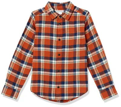 Produktbild von A. Essentials Jungen Flanellhemd zum Knöpfen, Marineblau Orange Plaid, Large