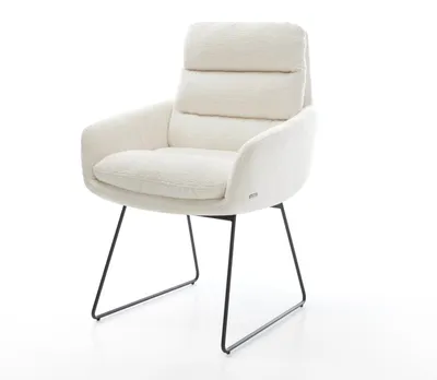 Produktbild von DELIFE Esszimmerstuhl Abelia-Flex mit Armlehnen Bouclé Soft Beige Kufengestell Schwarz