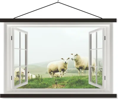 Produktbild von MuchoWow® Textilposter Durchblick - Gras - Schafe 60x40 cm mit schwarzem Rahmen - Hölzernes