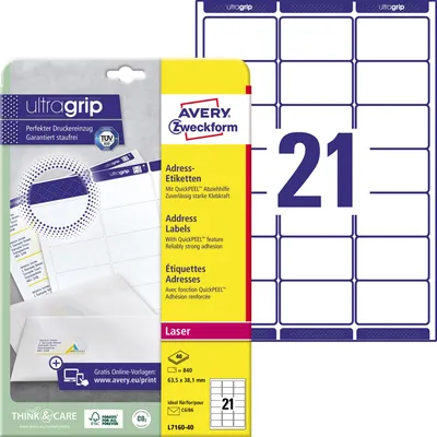 Obrázok produktu pre 840 AVERY Zweckform adresné štítky L7160-40 biele 63,5 x 38,1 mm