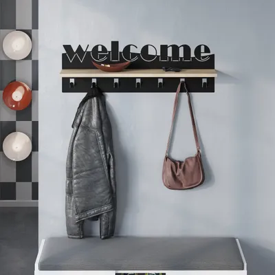 Zdjęcie produktu dla Wieszak ścienny DECORTIE Welcome, wieszak na wieszaki, wieszak na płaszcze, dąb