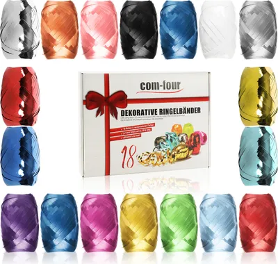 Produktbild von com-four® 18x Ringelband in bunten Farben - 20 m je Rolle - tolles Set Geschenkbänder in Geschenkverpackung - zum Basteln und Verpacken - Polyband für Schleifen und saisonale Deko