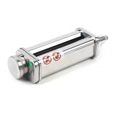 A stainless steel pasta roller attachment for a kitchen machine, shown on a white background.