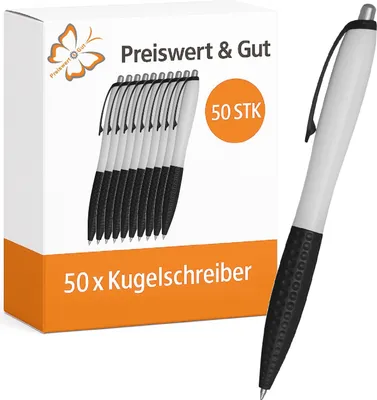 Produktbild von Kugelschreiber 50 Stück weiß schwarz schwarzschreibend 14 cm Druckmechanismus ergonomische Griffzone Kunststoff