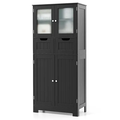 A black bathroom cabinet with glass doors and drawers, shown against a white background.