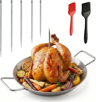 Imagen del producto de Soporte vertical de acero inoxidable para brochetas de kebab, de 25 cm, con 5 brochetas removibles y 2 pinceles de silicona, ideal para la parrilla y la cocina