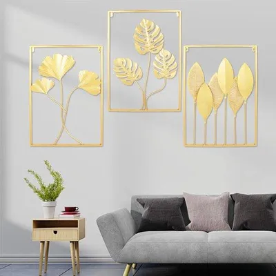 Image de Décoration murale « Feuilles jaunes » - 3 pièces - Fleurs - Décoration murale métallique - Tableau mural - Maison/Propriété/Décoration
