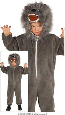 A child wearing a werewolf costume, shown from the waist up and as a full body shot.