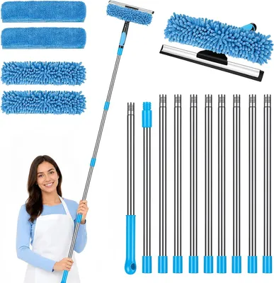 Produktbild von Fensterreinigungsset 4,25 m, Teleskopstange, 2-in-1 Fensterwischer, 10-teilig, 4 Mikrofasertücher, für Fenster